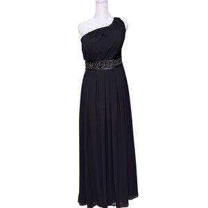 Bill Levkoff Black One-Shoulder Gown with Beaded Waist – Size 10